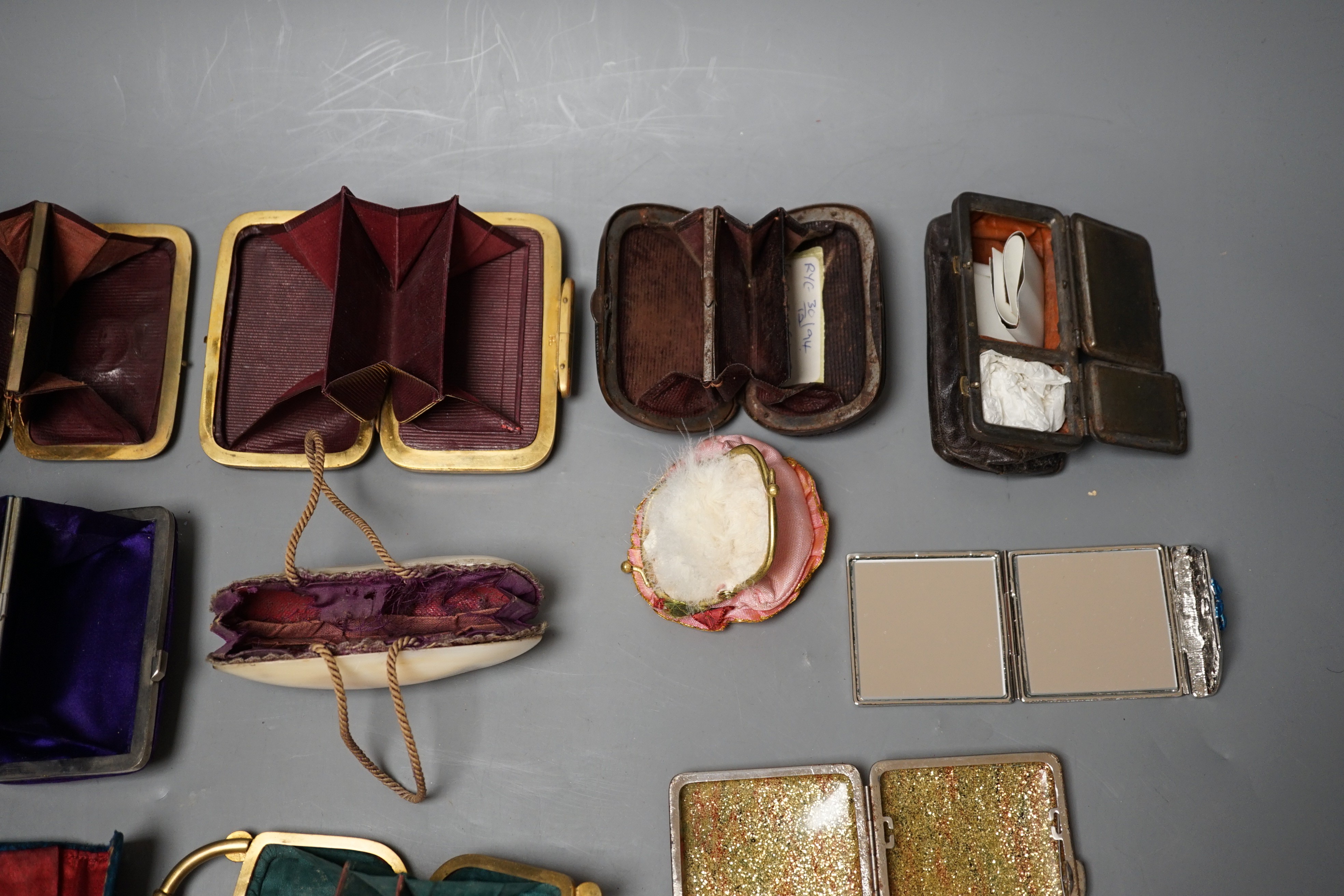 A collection of thirteen 19th century and 20th century ladies purses, one Morocco leather, five other leather purses, a shell purse, velvet embroidered purse and five others